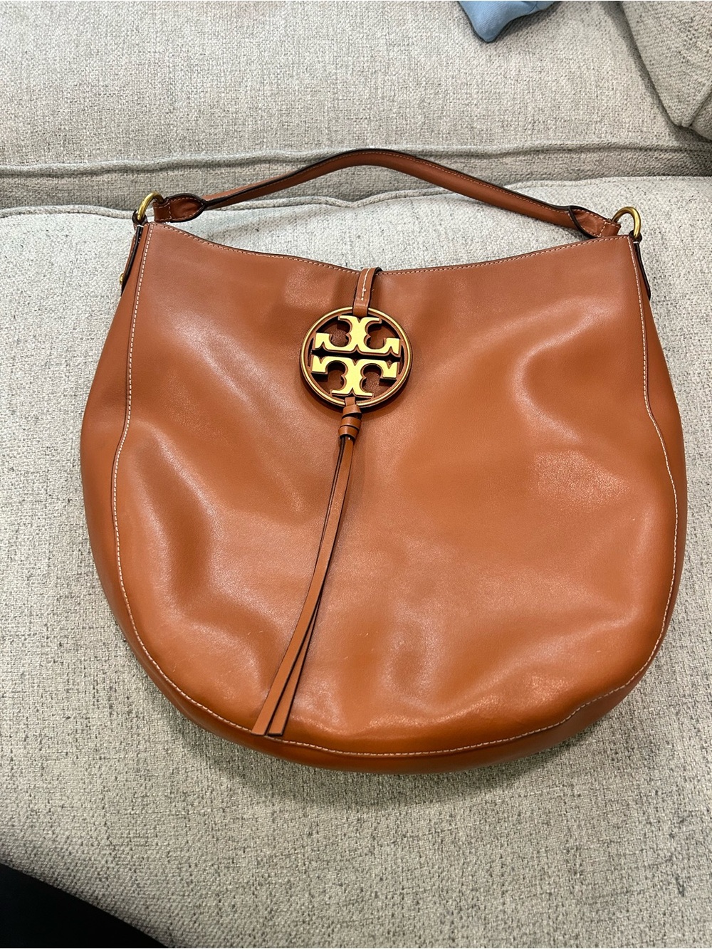 Tory Burch Cognac Leather Shoulder Hobo with Gold Logo